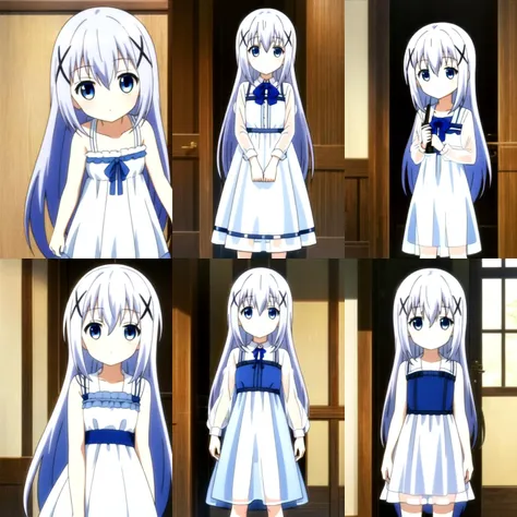 1girl,<lora:ChinoKafuu:0.7>,long hair,blue hair,hair between eyes,hair ornament,x hair ornament,blue eyes,hairclip,light blue hair,bangs,(full_shot:1.4),standing,(white:1.5,see-through_dress),