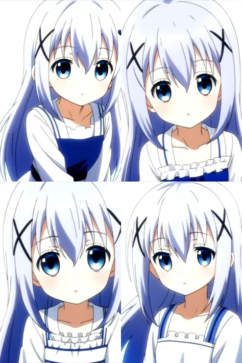 1girl,<lora:ChinoKafuu:0.7>,long hair,blue hair,hair between eyes,hair ornament,x hair ornament,blue eyes,hairclip,light blue hair,bangs,(full_shot:1.4),white background,(white:1.5,dress),simple_background,wariza,