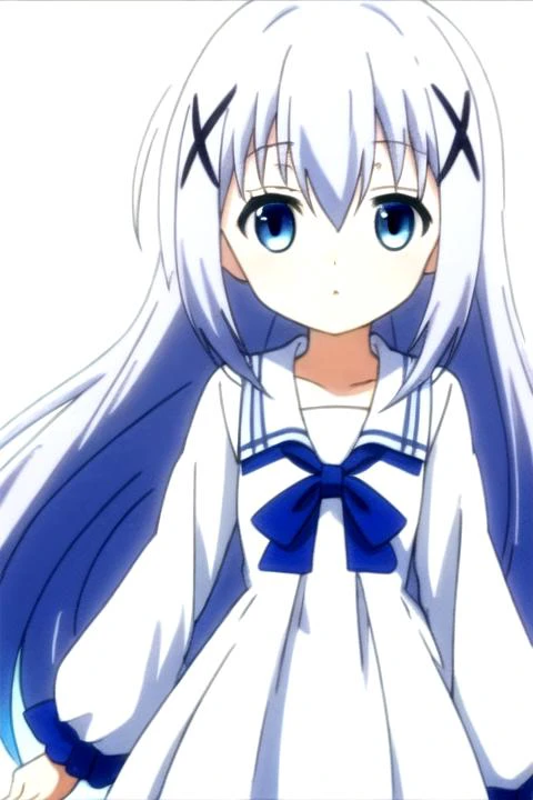 1girl,<lora:ChinoKafuu:0.7>,long hair,blue hair,hair between eyes,hair ornament,x hair ornament,blue eyes,hairclip,light blue hair,bangs,(full_shot:1.4),standing,white background,(white:1.5,dress),