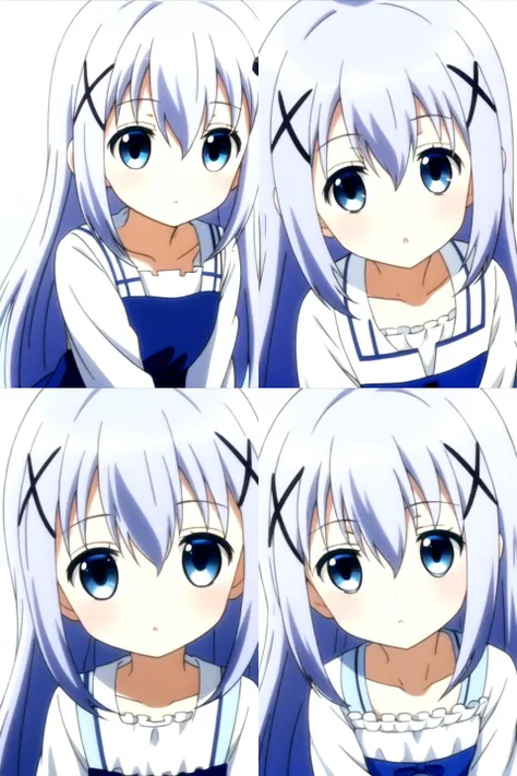 1girl,<lora:ChinoKafuu:0.7>,long hair,blue hair,hair between eyes,hair ornament,x hair ornament,blue eyes,hairclip,light blue hair,bangs,(full_shot:1.4),(white:1.5,dress),simple_background,wariza,