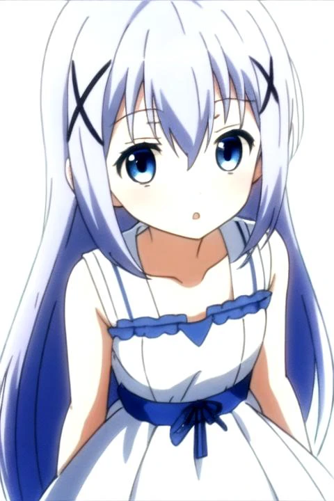 1girl,<lora:ChinoKafuu:0.7>,long hair,blue hair,hair between eyes,hair ornament,x hair ornament,blue eyes,hairclip,light blue hair,bangs,(full_shot:1.4),standing,white background,(white:1.5,dress),