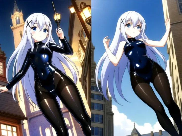 1girl,<lora:ChinoKafuu:0.5>,long hair,blue hair,hair between eyes,hair ornament,x hair ornament,blue eyes,hairclip,light blue hair,bangs,from_below,full_shot,(medieval,city),black pantyhose,black latex leotard,