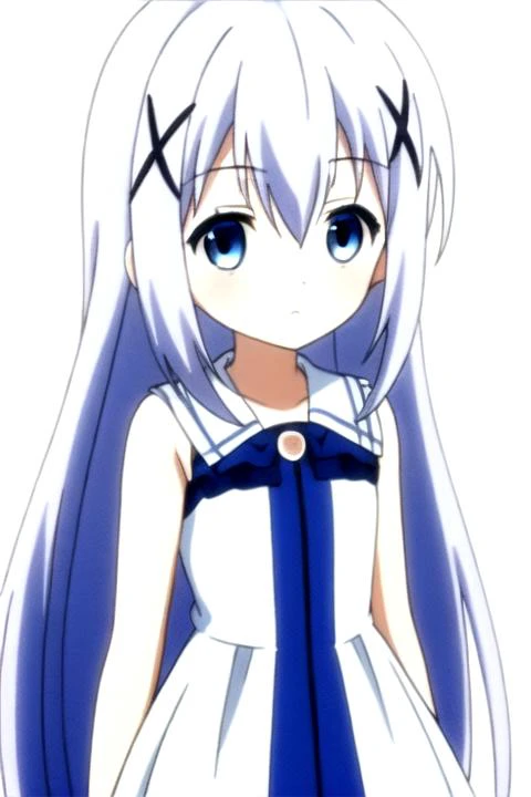 1girl,<lora:ChinoKafuu:0.7>,long hair,blue hair,hair between eyes,hair ornament,x hair ornament,blue eyes,hairclip,light blue hair,bangs,(full_shot:1.4),standing,white background,(white:1.5,dress),