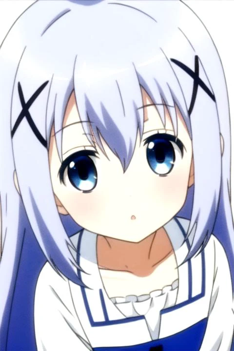 1girl,<lora:ChinoKafuu:0.7>,long hair,blue hair,hair between eyes,hair ornament,x hair ornament,blue eyes,hairclip,light blue hair,bangs,(full_shot:1.4),(white:1.5,dress),simple_background,wariza,