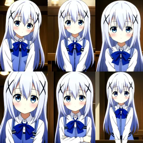 1girl,<lora:ChinoKafuu:0.6>,long hair,blue hair,hair between eyes,hair ornament,x hair ornament,blue eyes,hairclip,light blue hair,bangs,(full_shot:1.2),shirt,vest,blush,long sleeves,white shirt,blue vest,waitress,bow,bowtie,blue bowtie,