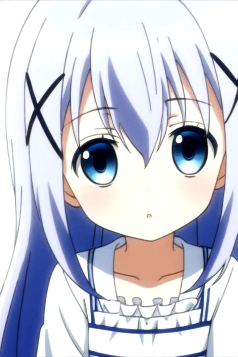 1girl,<lora:ChinoKafuu:0.7>,long hair,blue hair,hair between eyes,hair ornament,x hair ornament,blue eyes,hairclip,light blue hair,bangs,(full_shot:1.4),white background,(white:1.5,dress),simple_background,wariza,