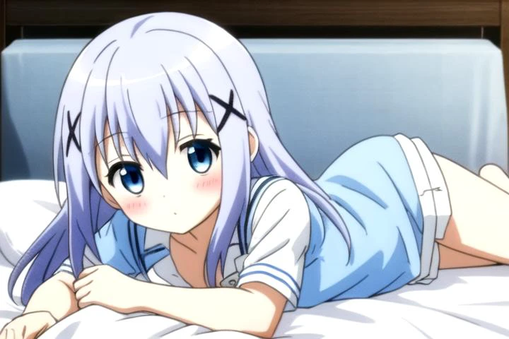 1girl,<lora:ChinoKafuu:0.6>,long hair,blue hair,hair between eyes,hair ornament,x hair ornament,blue eyes,hairclip,light blue hair,bangs,full_shot,blush,(white shirt:1.2),lying on bed,(open clothes:1.3),highres,flat chest,no pants,female masturbation,