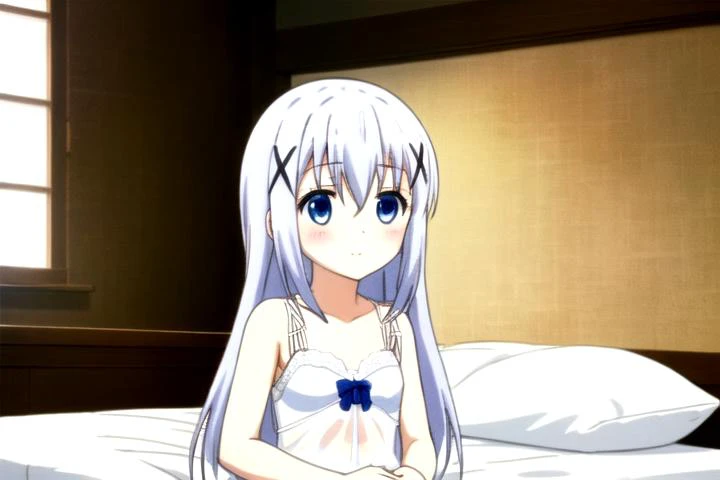 1girl,<lora:ChinoKafuu:0.6>,long hair,blue hair,hair between eyes,hair ornament,x hair ornament,blue eyes,hairclip,light blue hair,bangs,full_shot,blush,(white:2,white see-through sarong,white bridal lingerie:1.2),lying on bed,highres,flat chest,(no pants:1.2),(female masturbation:1.2),