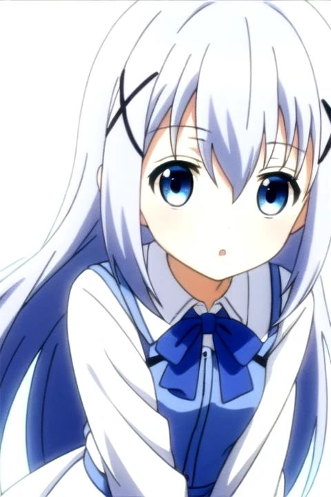 1girl,<lora:ChinoKafuu:0.7>,long hair,blue hair,hair between eyes,hair ornament,x hair ornament,blue eyes,hairclip,light blue hair,bangs,(full_shot:1.4),standing,white background,(white:1.5,dress),