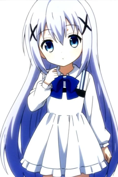 1girl,<lora:ChinoKafuu:0.7>,long hair,blue hair,hair between eyes,hair ornament,x hair ornament,blue eyes,hairclip,light blue hair,bangs,(full_shot:1.4),standing,white background,(white:1.5,dress),