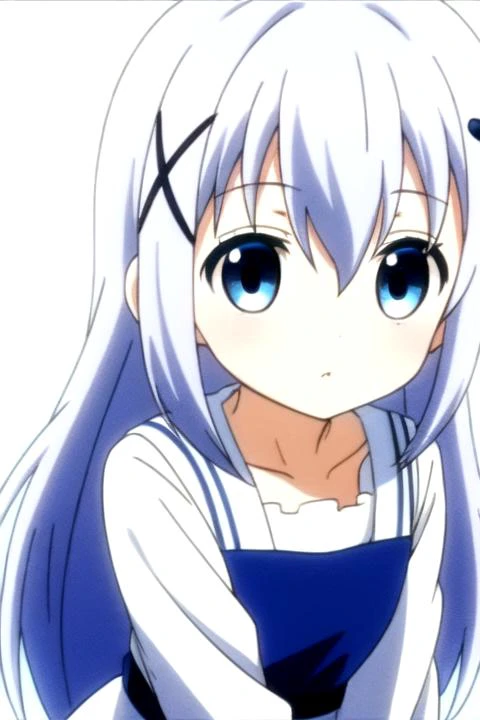 1girl,<lora:ChinoKafuu:0.7>,long hair,blue hair,hair between eyes,hair ornament,x hair ornament,blue eyes,hairclip,light blue hair,bangs,(full_shot:1.4),white background,(white:1.5,dress),simple_background,wariza,