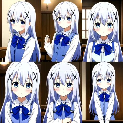 1girl,<lora:ChinoKafuu:0.5>,long hair,blue hair,hair between eyes,hair ornament,x hair ornament,blue eyes,hairclip,light blue hair,bangs,full_shot,shirt,vest,blush,long sleeves,white shirt,blue vest,waitress,bow,bowtie,blue bowtie,