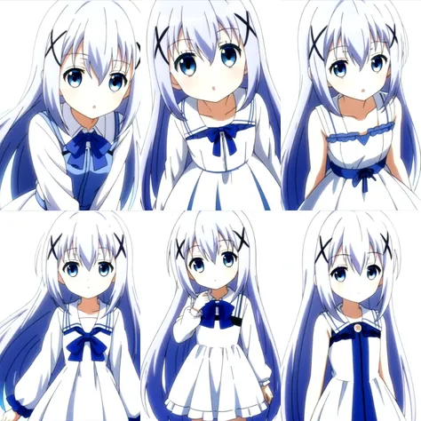 1girl,<lora:ChinoKafuu:0.7>,long hair,blue hair,hair between eyes,hair ornament,x hair ornament,blue eyes,hairclip,light blue hair,bangs,(full_shot:1.4),standing,white background,(white:1.5,dress),