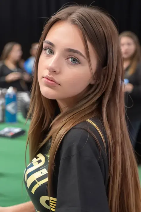 a naturally beautiful woman <lora:kendraRowe:1.2>, at the crowded comiccon convention, star wars teeshirt, facing camera, perfectly straight brunette hair, [upper body], (close up:1.2), 8k, raw, uhd, fujifilm x-t3, close up, highly detailed face, ((candid, amateur)), stunning eyes, smiling:0.5, (people in the background)