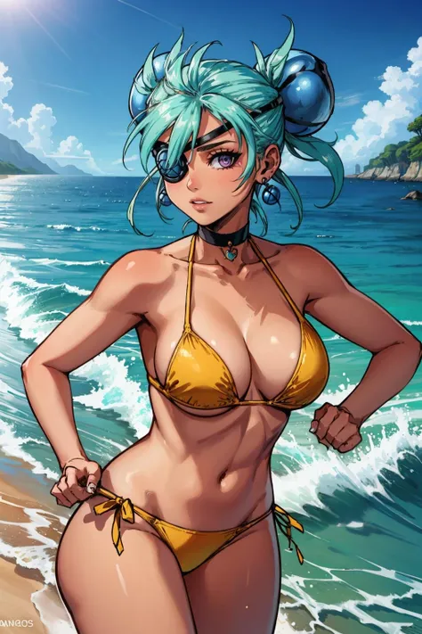 masterpiece, best quality, praxis, eyepatch, earrings, hair ornament, yellow bikini, beach, waves, large breasts, collarbones, choker, looking at viewer, running<lora:praxis-nvwls-v1-000010:0.8>