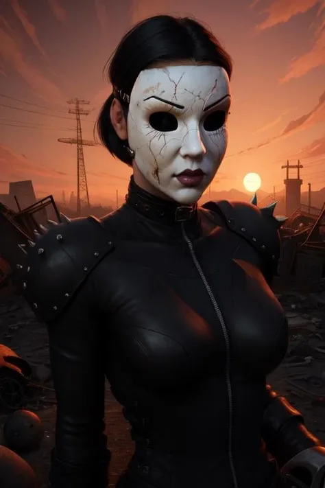 DollFace,black hair,short hair,(mask:1.2),
black body suit,shoulder pads,
upper body,sitying,
underworld,night red sky,junkyard,
(insanely detailed, masterpiece, best quality) solo,
<lora:DollFace:0.7>,