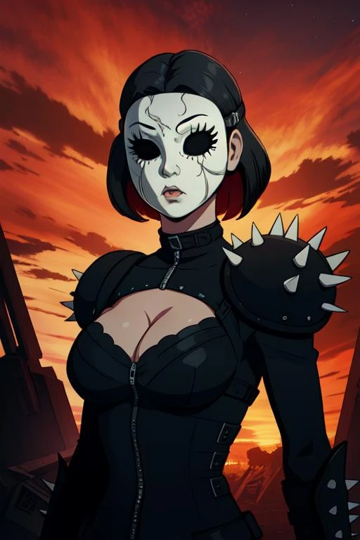 DollFace,black hair,short hair,(mask:1.2), black eyes,  
black body suit,shoulder pads, cleavage,  spikes, 
upper body,cowboy shot,  standing,  
underworld,night red sky,junkyard,
(insanely detailed, masterpiece, best quality) solo,
<lora:DollFace:0.7>,