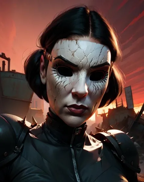 DollFace,black hair,short hair,(mask:1.2),black body suit,shoulder pads,upper body,sitying,underworld,night red sky,junkyard,<lora:DollFace-10TMv7:0.8>,