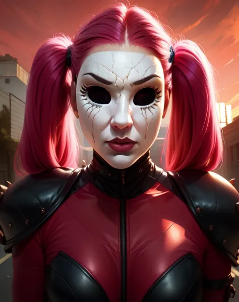 DollFace,doll mask,pink hair,twin tails,pink body suit,armor,shoulder pads,upper body,standing,streets,underworld,night red sky,
(insanely detailed, beautiful detailed face, masterpiece, best quality),solo,<lora:DollFace-10TMv7:0.8>,