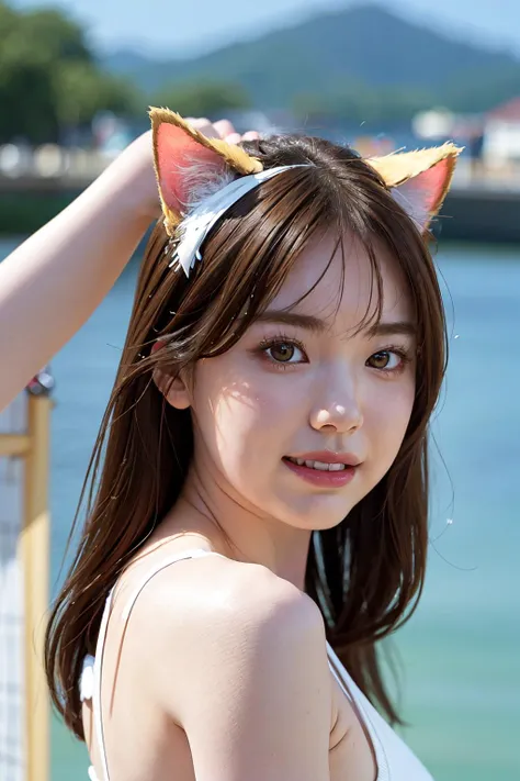 <lora:mio_v2:0.8>, mio 18 years old, pale skin, slim, cute face, brown eyes, ((onepeice white)), cat ears, brown hair,
(detailed eyes features:1.2), (detailed face features:1.2), close-up, smile, look at camera, natural breasts, (from side:1.5),
morning, sea island,
extreme realistic, depth of field, natural lighting, 8k, post-processing, ultra high res, (photorealistic:1.6), (masterpiece:1.3), (RAW photo:1.2), Fujifilm XT3, DSLR, <lora:Arknights-Texas the Omertosa:0.2>