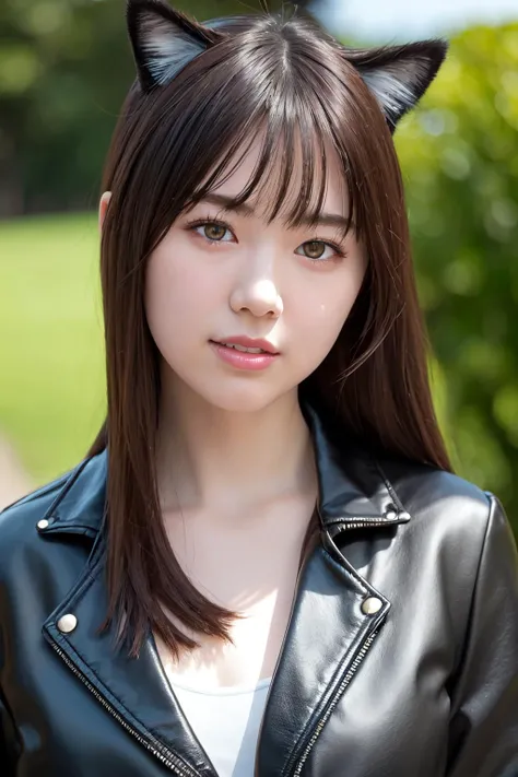 <lora:mio_v2:0.6>, mio 18 years old, pale skin, slim, cute face, brown eyes, ((black jacket)), cat ears,
(detailed eyes features:1.2), (detailed face features:1.2), close-up, smile, look at camera, natural breasts,
morning, sea island,
extreme realistic, depth of field, natural lighting, 8k, post-processing, ultra high res, (photorealistic:1.6), (masterpiece:1.3), (RAW photo:1.2), Fujifilm XT3, DSLR, <lora:Arknights-Texas the Omertosa:0.2>