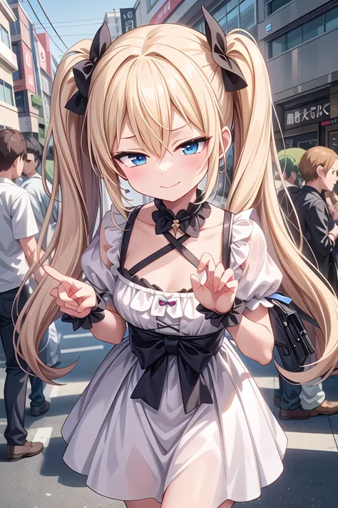 <lora:sensualface_type2_v3:1>
insanely detailed, absurdres, ultra-highres, ultra-detailed, best quality
1girl, solo, nice hands, perfect hands
BREAK
white dress, (wearing harajuku-style coordinate)
BREAK
evil seductive smile, closed mouth
BREAK
cute pose, cowboy shot
BREAK
slender, kawaii, perfect symmetrical face, ultra cute girl, ultra cute face, ultra detailed eyes, ultra detailed hair, ultra cute, ultra beautiful
BREAK
in harajuku, shibuya, tokyo, street, crowd, cityscape
BREAK
(blonde hair, blue eyes), twintails, hair between eyes
