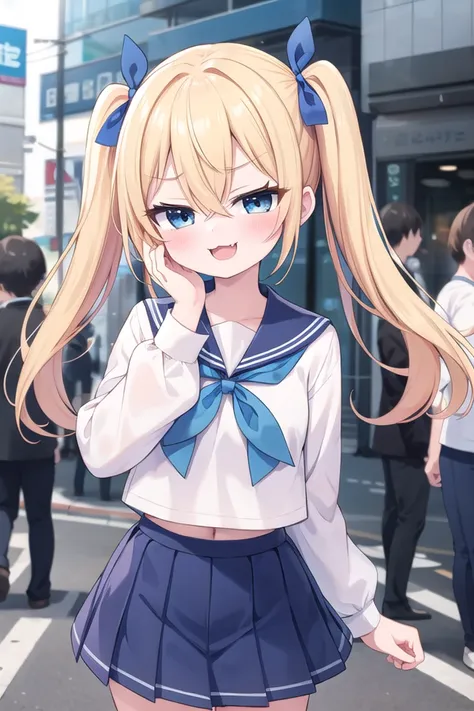 anime girl in a school uniform standing on a street corner