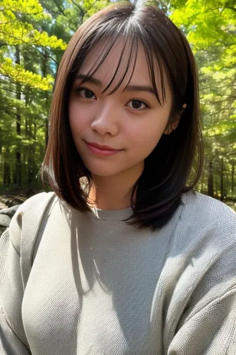 1girl,(wearing sweater:1.2),(RAW photo, best quality), (realistic, photo-realistic:1.4), masterpiece, an extremely delicate and beautiful, extremely detailed, 2k wallpaper, Amazing, finely detail, extremely detailed CG unity 8k wallpaper, ultra-detailed, highres, soft light, beautiful detailed girl, extremely detailed eyes and face, beautiful detailed nose, beautiful detailed eyes,cinematic lighting,in a beautiful forest of pine trees at a Japanese countryside,autumn scenery,maple trees in autumn,by a small rocky river,sunlight,perfect anatomy,slender body,smiling, <lora:akitashiori_lora:0.8>