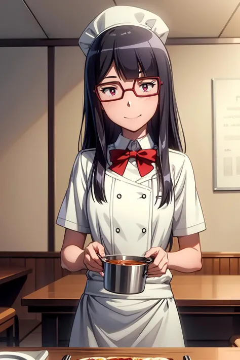 (RAW photo, best quality), masterpiece, an extremely delicate and beautiful, extremely detailed, 2k wallpaper, Amazing, finely detail, extremely detailed CG unity 8k wallpaper, ultra-detailed, highres, soft light, beautiful detailed anime girl, cinematic lightning, perfect anatomy, 1girl, solo, long hair, bangs, black hair, pink eyes, glasses, chef uniform, chef hat, cooking at kitchen, restaurant indoor, look at viewer, smile,  mochizuki_meiko
