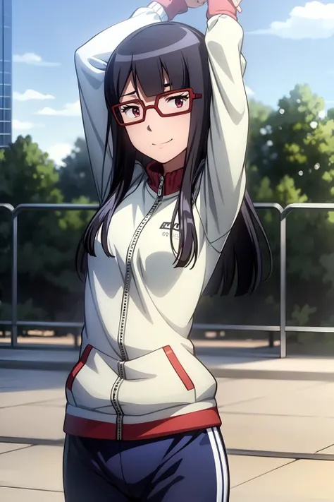 (RAW photo, best quality), masterpiece, an extremely delicate and beautiful, extremely detailed, 2k wallpaper, Amazing, finely detail, extremely detailed CG unity 8k wallpaper, ultra-detailed, highres, soft light, beautiful detailed anime girl, cinematic lightning, perfect anatomy, 1girl, solo, long hair, bangs, black hair, pink eyes, glasses, blue pants, jacket, motion lines, pants, shirt, track suit, wristband, look at viewer, outdoor, stretching body, smile, mochizuki_meiko