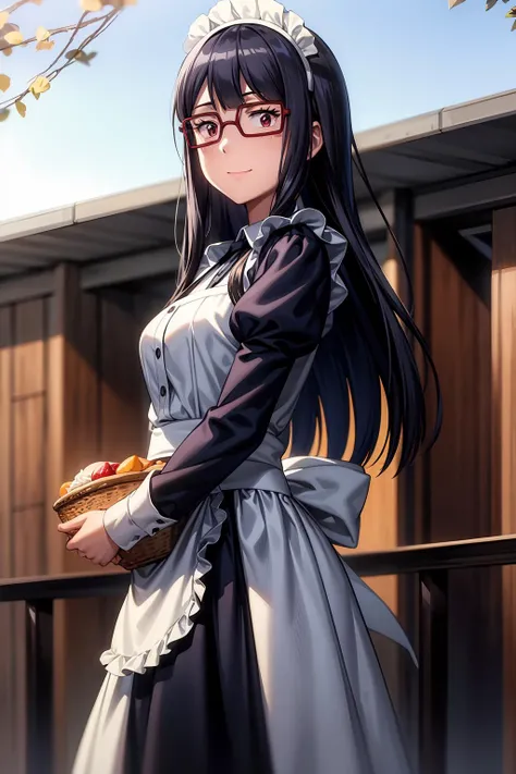 (RAW photo, best quality), masterpiece, an extremely delicate and beautiful, extremely detailed, 2k wallpaper, Amazing, finely detail, extremely detailed CG unity 8k wallpaper, ultra-detailed, highres, soft light, beautiful detailed anime girl, cinematic lightning, perfect anatomy, look at viewer, smile, 1girl, solo, long hair, bangs, black hair, pink eyes, glasses, outdoor, apron, dress, dress , frilled apron, long sleeves, maid, maid apron, maid headdress, puffy sleeves, skirt, skirt basket, mochizuki_meiko