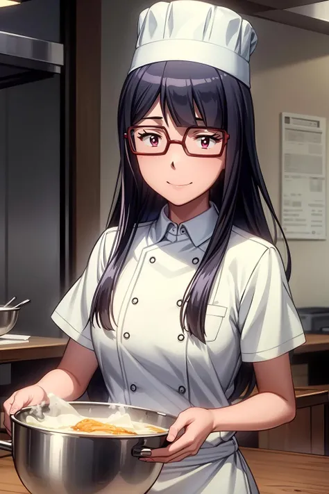 (RAW photo, best quality), masterpiece, an extremely delicate and beautiful, extremely detailed, 2k wallpaper, Amazing, finely detail, extremely detailed CG unity 8k wallpaper, ultra-detailed, highres, soft light, beautiful detailed anime girl, cinematic lightning, perfect anatomy, 1girl, solo, long hair, bangs, black hair, pink eyes, glasses, chef uniform, chef hat, cooking at kitchen, restaurant indoor, look at viewer, smile, mochizuki_meiko