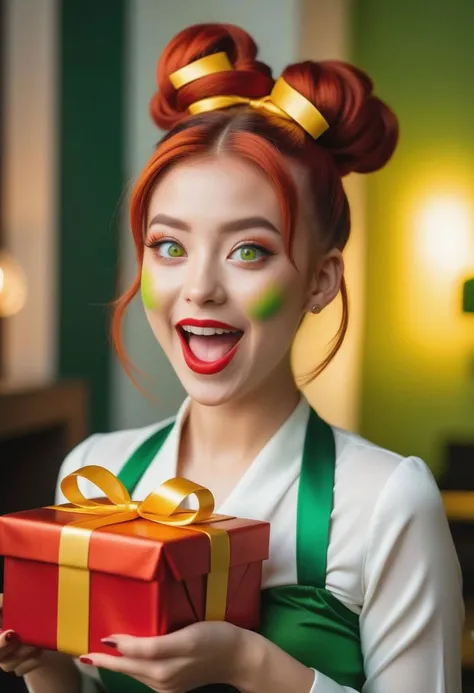 RAW photo, full body 8k uhd,soft lighting, high quality, film grain, cinematic film still, ((((receiving present)))) , excited expression, (excited emotional display 1.6), happy, thankful, solid colored skin, (green skin:1.6), copper hair, (twin bun hair style 1.5), yellow eyes, red lips, yellow sclera, no pupils, curvy hips, narrow waist, toned, white gloves, elbow gloves, ((( red Christmas elf outfit white fur trims and cuffs1.3)), white thigh high leather boots, star belt, reindeer pelvic curtain, (nordic alien appearence 1.4), bare shoulders, solid eyes, turtleneck, taut_clothes, skin tight, adult fantasy art style , caustic lighting effects, god rays, (((heavy bokeh))) no elf ears