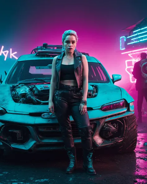 (masterpiece), , (extremely detailed), (cinematic lighting),(silicone skin texture), (hyperrealistic), (photography),
alluring emilia clarke near cyberpunk rusted car <lora:Drone_Cars_XL:0.9> pink and cyan neon lights, punk outfit, junkyard, decadent and dystopian atmosphere