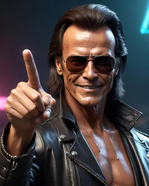 (masterpiece), , (extremely detailed),  (cinematic lighting),(realistic skin texture), (hyperrealistic), (photography),
 [Cyberpunk 2077: CyberJulio:0.5] game cover with the (text "CyberJulio":2)
Julio Iglesias 1990s style, wearing sunglases and smiling, leather jacket, pointing at the camera with the finger, pointing at viewer with the finger