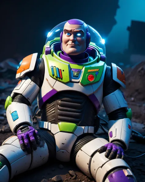 (masterpiece), , (extremely detailed), (cinematic lighting),(silicone skin texture), (hyperrealistic), (photography),
Cyberpunk Buzz Lightyear, decadent and dystopian atmosphere, neon lights, fog, Dirty space suit, cracked, torn and with visible cables, lying on the ground with a bullet in his chest that opened a hole so big that you can see through it