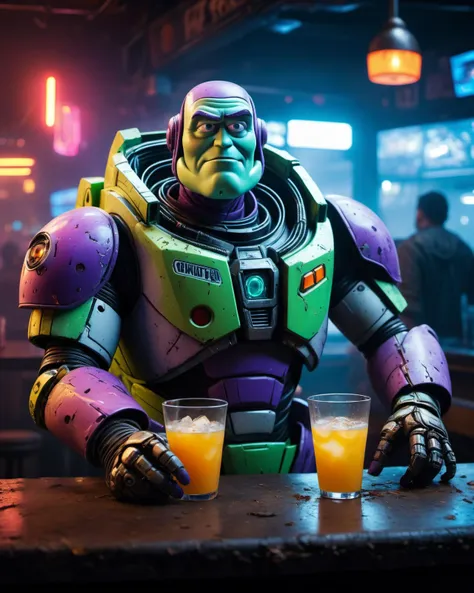 (masterpiece), , (extremely detailed),  (cinematic lighting),(silicone skin texture), (hyperrealistic), (photography),
Cyberpunk Buzz Lightyear, decadent and dystopian atmosphere, neon lights, fog, Dirty space suit, cracked, torn and with visible cables, with an arm of a different color from another robot, He is at the bar having a drink