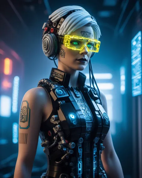 (masterpiece), (photorealistic), (extremely detailed), (silicone skin texture), (cinematic lighting),
Punk, cyberpunk lego woman, netrunner, wearing long dress wearing scaning eye visor, (cyborg implants), (internal cables and circuits visible), Lego house, fog, neon lights
