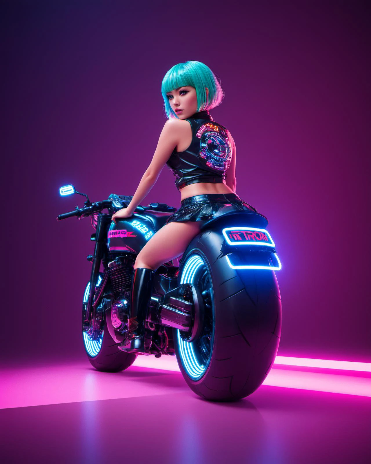 (masterpiece), , (extremely detailed), (cinematic lighting),(silicone skin texture), (hyperrealistic), (photography), (long exposuse foto), (high speed)
21 years old Bulma, bobcut hair, bob cut hair, cyberpunk capsule corp outfit, Capsule Corp ridding a motorbike, neon rims, tron style, japanese letters, neon lighits, (soft shadows), wet floor
<lora:MicroSkirt_XL:1> extremely short skirt, microskirt <lora:Drone_Cars_XL:1>