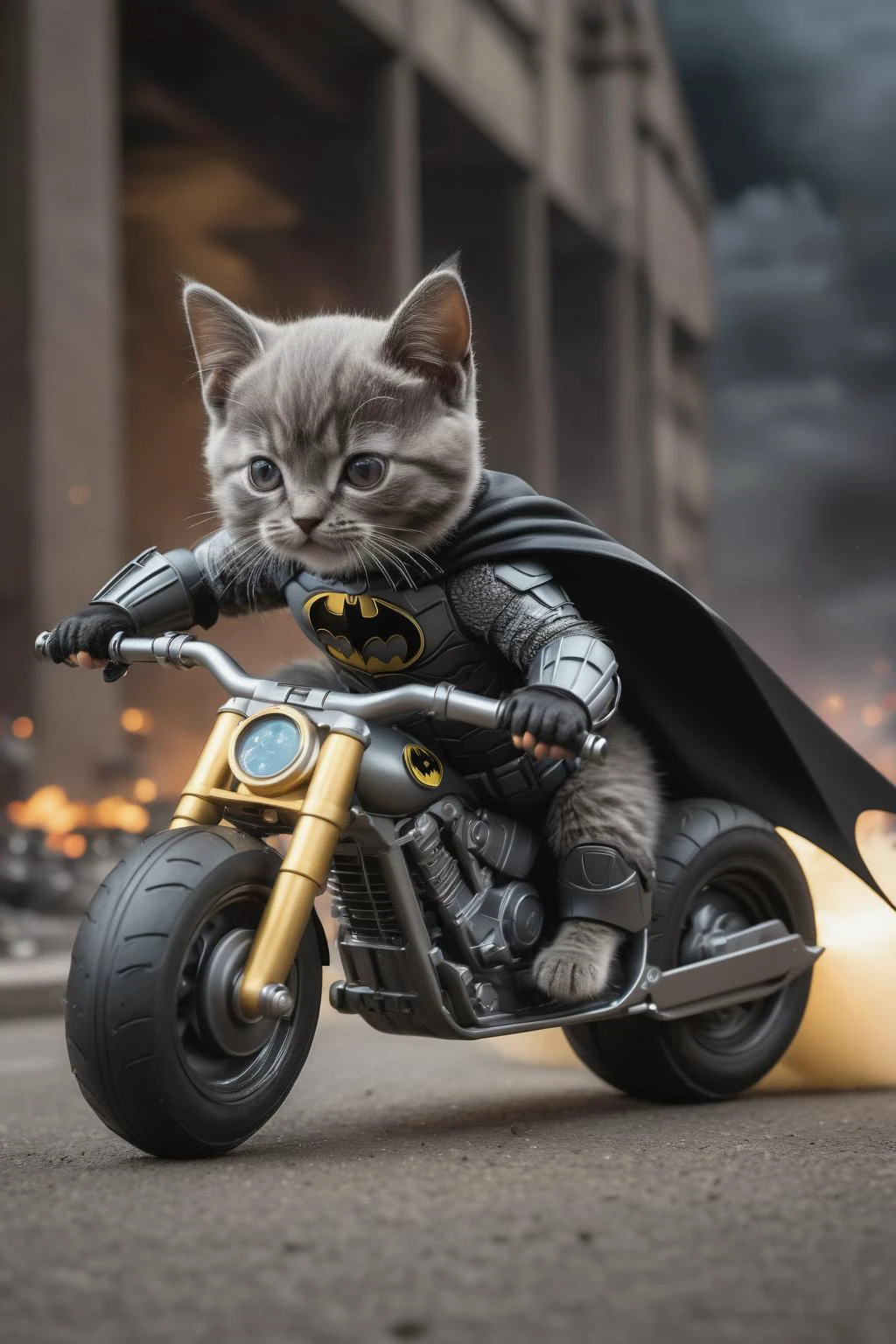 ((Masterpiece, best quality)), (extremely detailed 8k), (photorealistic), beautiful lighting, best quality, realistic, real picture, intricate details, Beautiful lighting, RAW photo, film grain, full body ((photo of a baby cat dressed as batman)), in a scenario of nuclear destruction, riding the batbike
<lora:epiCRealLife:0> <lora:intricatedetails:0> intricatedetails <lora:real_skin:0> <lora:more_details:1>