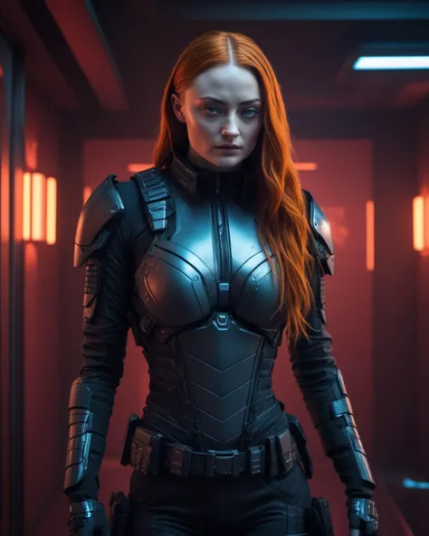 (masterpiece), , (extremely detailed), (cinematic lighting),(silicone skin texture), (hyperrealistic), (photography),
alluring Sophie Turner, Cyberpunk Hotel Hall, Cyberpunk soldier outfit