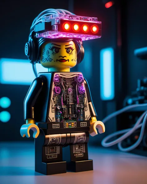 (masterpiece), (photorealistic), (extremely detailed), (silicone skin texture), (cinematic lighting),
Punk, cyberpunk lego woman wearing long dress wearing scaning eye visor, (cyborg implants), (internal cables and circuits visible), Lego house, fog, neon lights