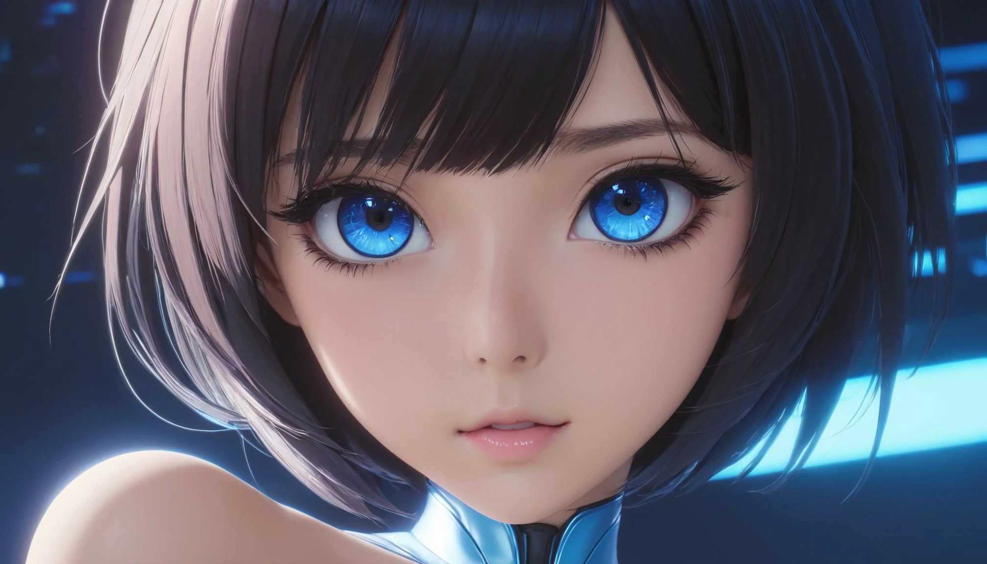 1girl, <lora:EnvyCyberXL01:0.5>, cyber, <lora:tsurugi_(blue_archive)_image724_2023-11-28:0.5>, tsurugi \(blue archive\), moseying towards viewer, (8k, masterpiece, best quality, ultra-detailed), (an extremely delicate and beautiful)kawaii, cute, very big eyes, Aesthetic Anime Eyes, small face, large breasts, cinematic lighting, , Intricate, High Detail, Sharp focus, dramatic, masterpiece, best quality, ultra-detailed,, very thin waist, <lora:SDXL_MassiveCowsLoRA_v1:0.1> breasts, cleavage, slim body,