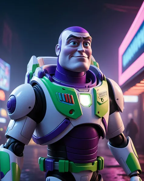 (masterpiece), , (extremely detailed), (cinematic lighting),(silicone skin texture), (hyperrealistic), (photography),
Cyberpunk Buzz Lightyear, decadent and dystopian atmosphere, neon lights, fog