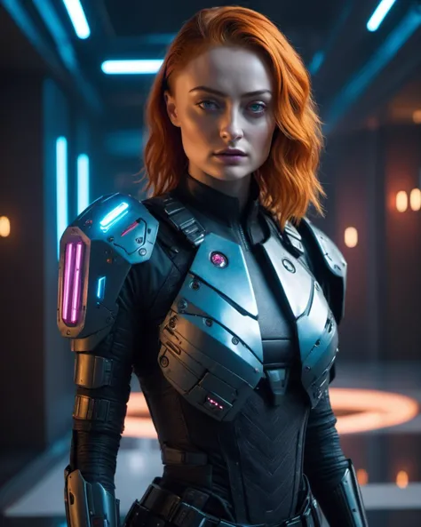 (masterpiece), , (extremely detailed), (cinematic lighting),(silicone skin texture), (hyperrealistic), (photography),
alluring Sophie Turner, Cyberpunk Hotel Hall, Cyberpunk fashion uniform, electric cyborg, plasma shield, cybernetic riffle, railgun in back,