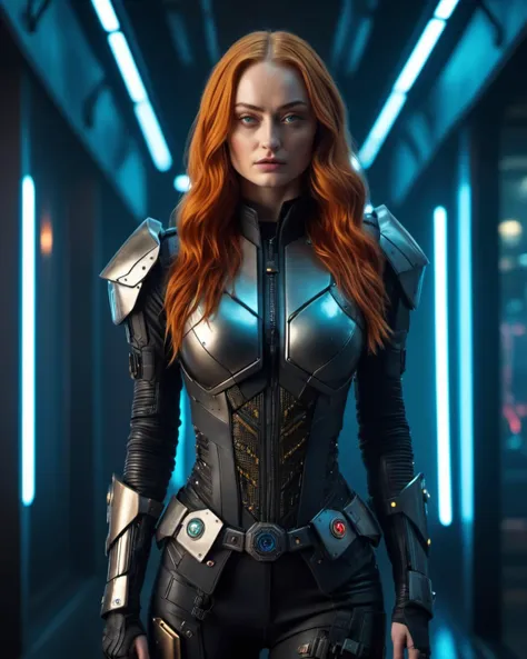 (masterpiece), , (extremely detailed),  (cinematic lighting),(silicone skin texture), (hyperrealistic), (photography),
alluring Sophie Turner, Cyberpunk Hotel Hall, Cyberpunk military glowing uniform, electric wand in hand <lora:DonMCyb3rN3cr0XL:0.3> DonMCyb3rN3cr0XL , techno-witch, cyborg, occultist, plasma shield, cybernetic riffle, railgun in back,