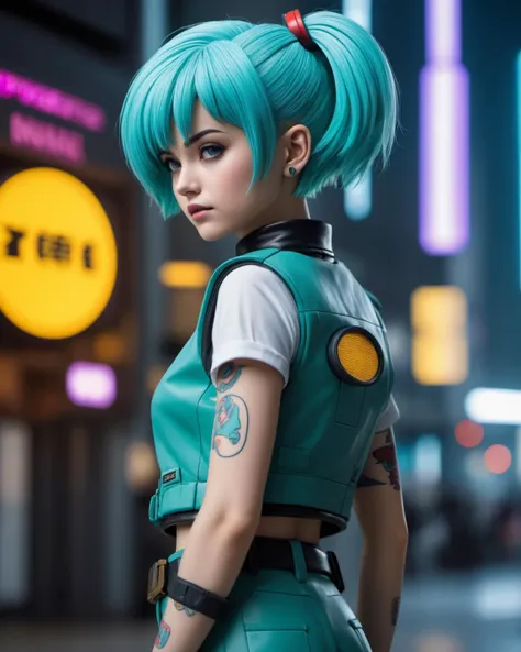 (masterpiece), , (extremely detailed), (cinematic lighting),(silicone skin texture)
2d style, Bulma, bob cut hair, a-line hair, cyberpunk capsule corp outfit, asimetric trousers, Capsule Cord headquarters at back,
manga style