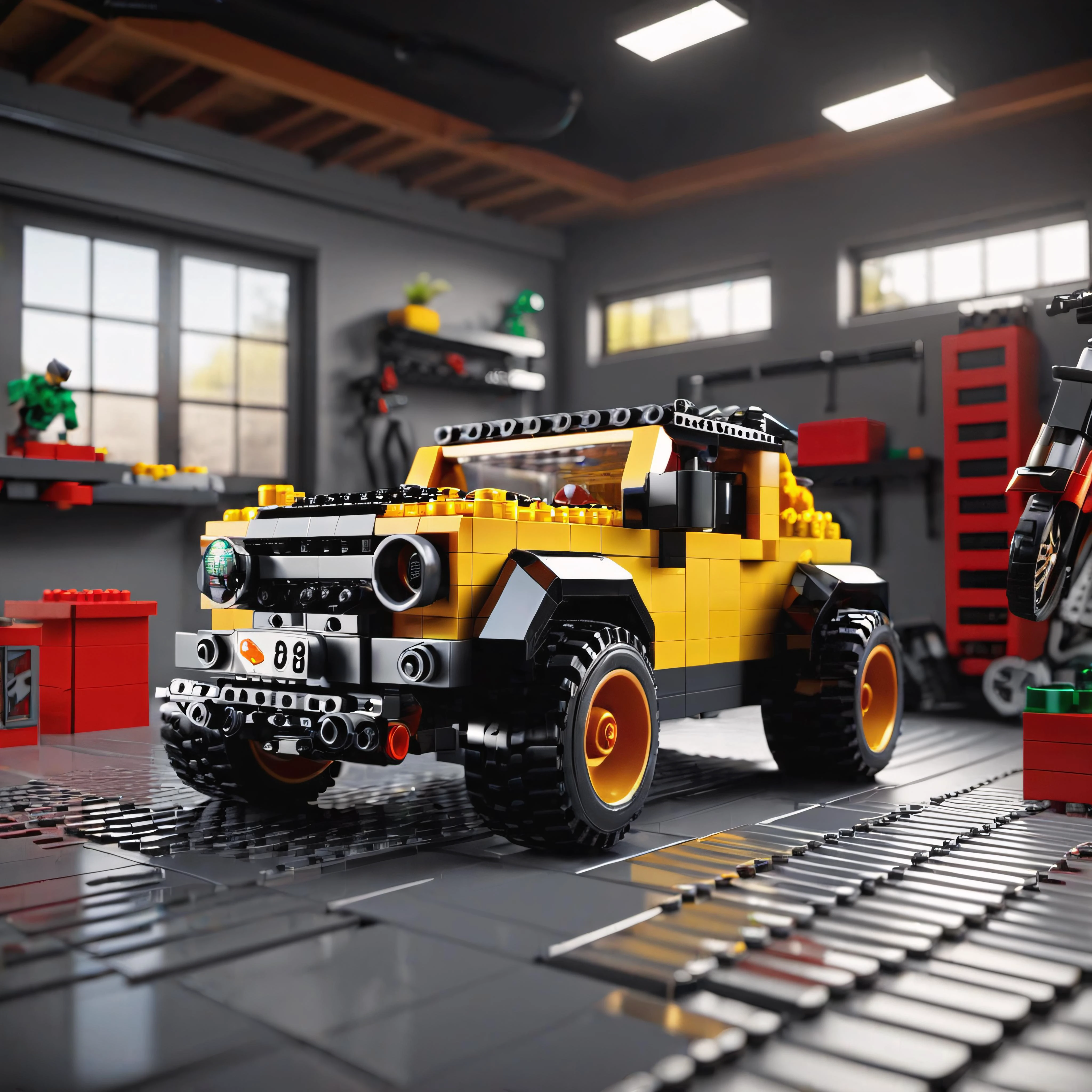 A Lego car in a garage scene, lego set, highly detailed, intricate, technical, unreal engine 5, 8k, --ar 3:2 --testp --upbeta