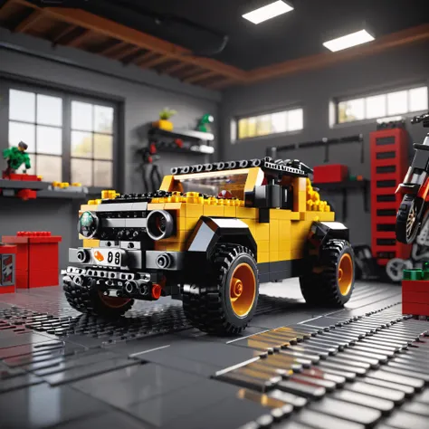 A Lego car in a garage scene, lego set, highly detailed, intricate, technical, unreal engine 5, 8k, --ar 3:2 --testp --upbeta