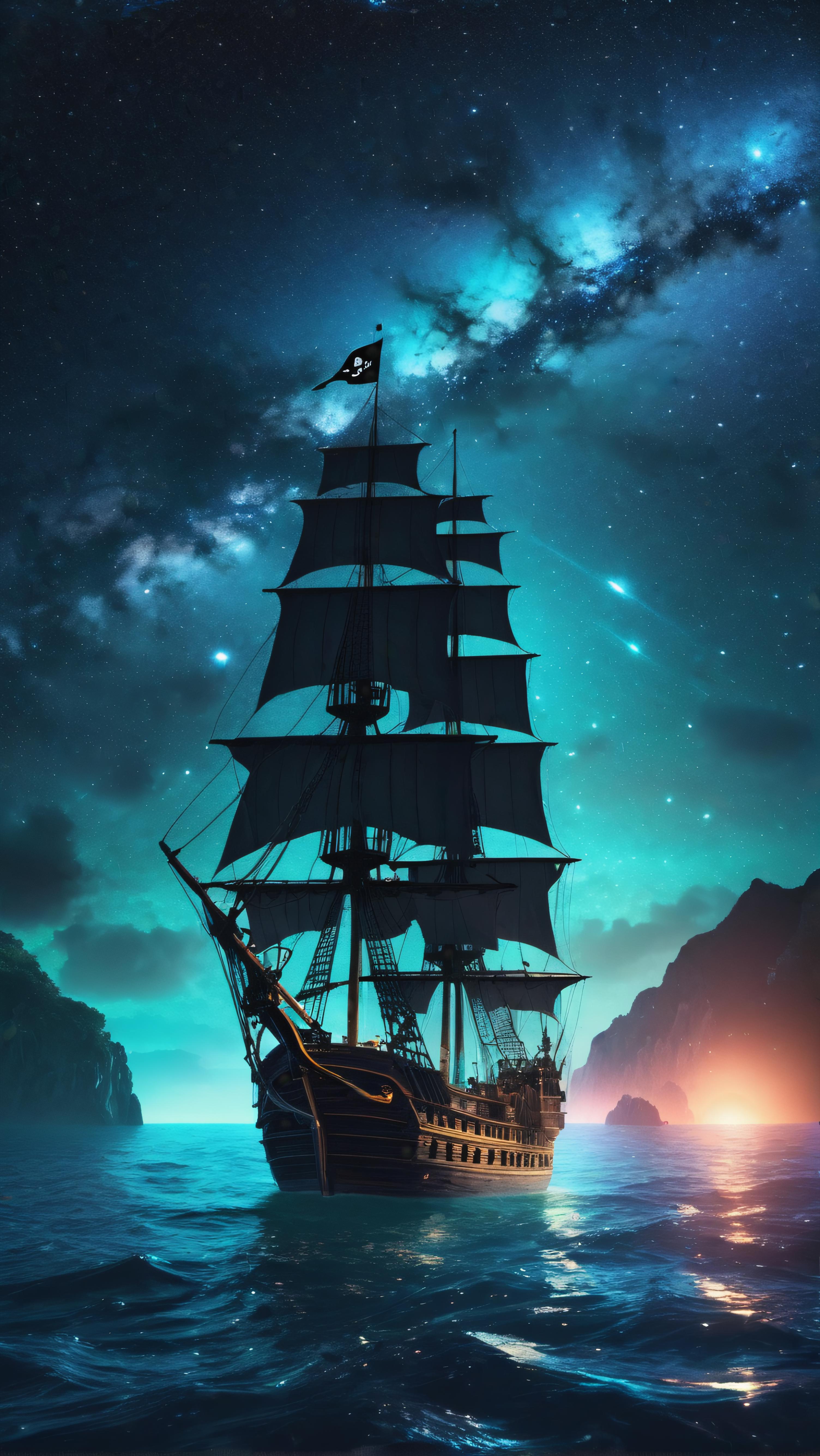 A ship sailing in the ocean at night with stars in the sky - SeaArt AI
